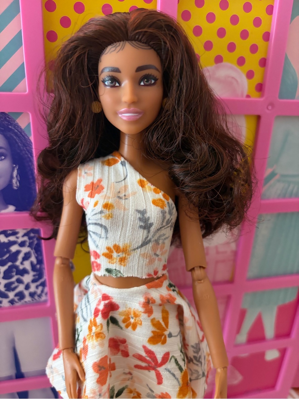 Floral One-Shoulder Doll Outfit - White with Orange & Pink Flowers